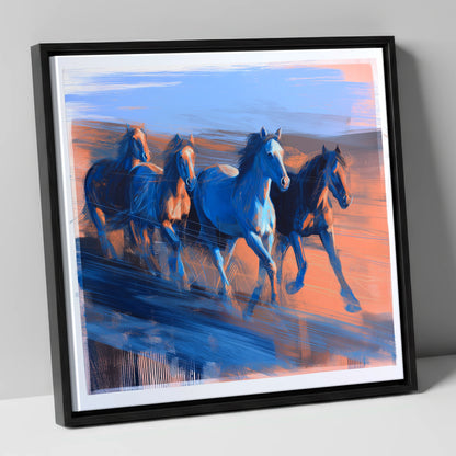 Cobalt Horizon Herd wild horses canvas wall art in black frame