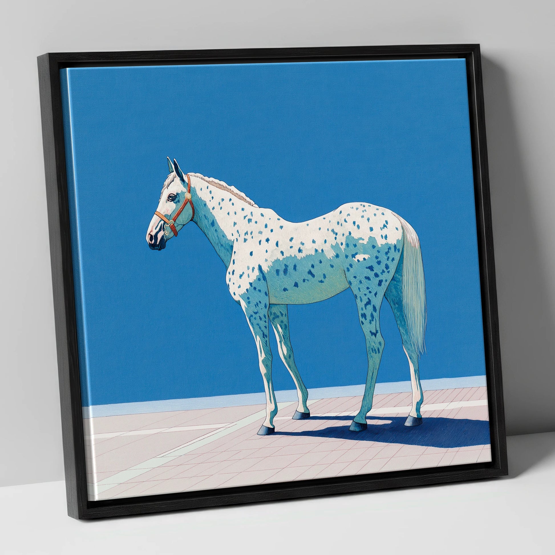Appaloosa in Cerulean horse breed canvas wall art in black frame