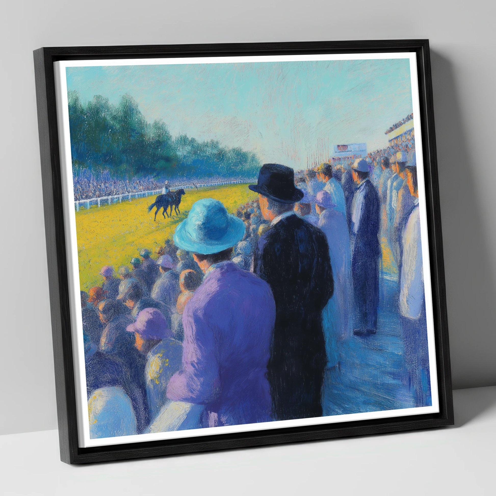 Shadows on the Turf racing horse canvas wall art in black frame