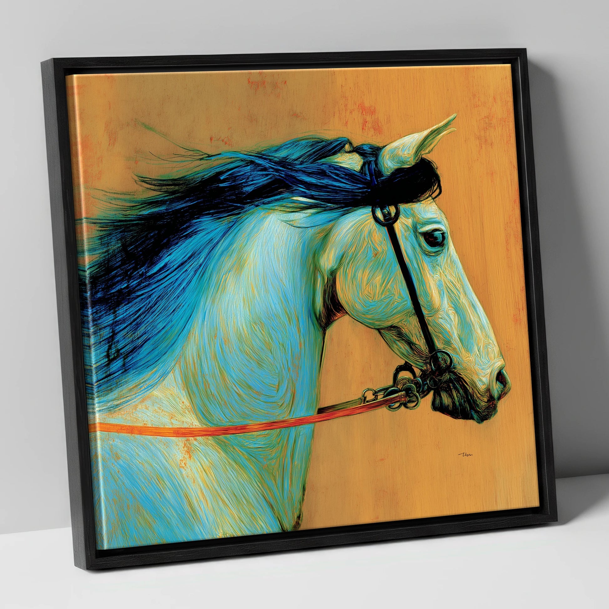 Cerulean Spirit horse portrait canvas wall art in black frame