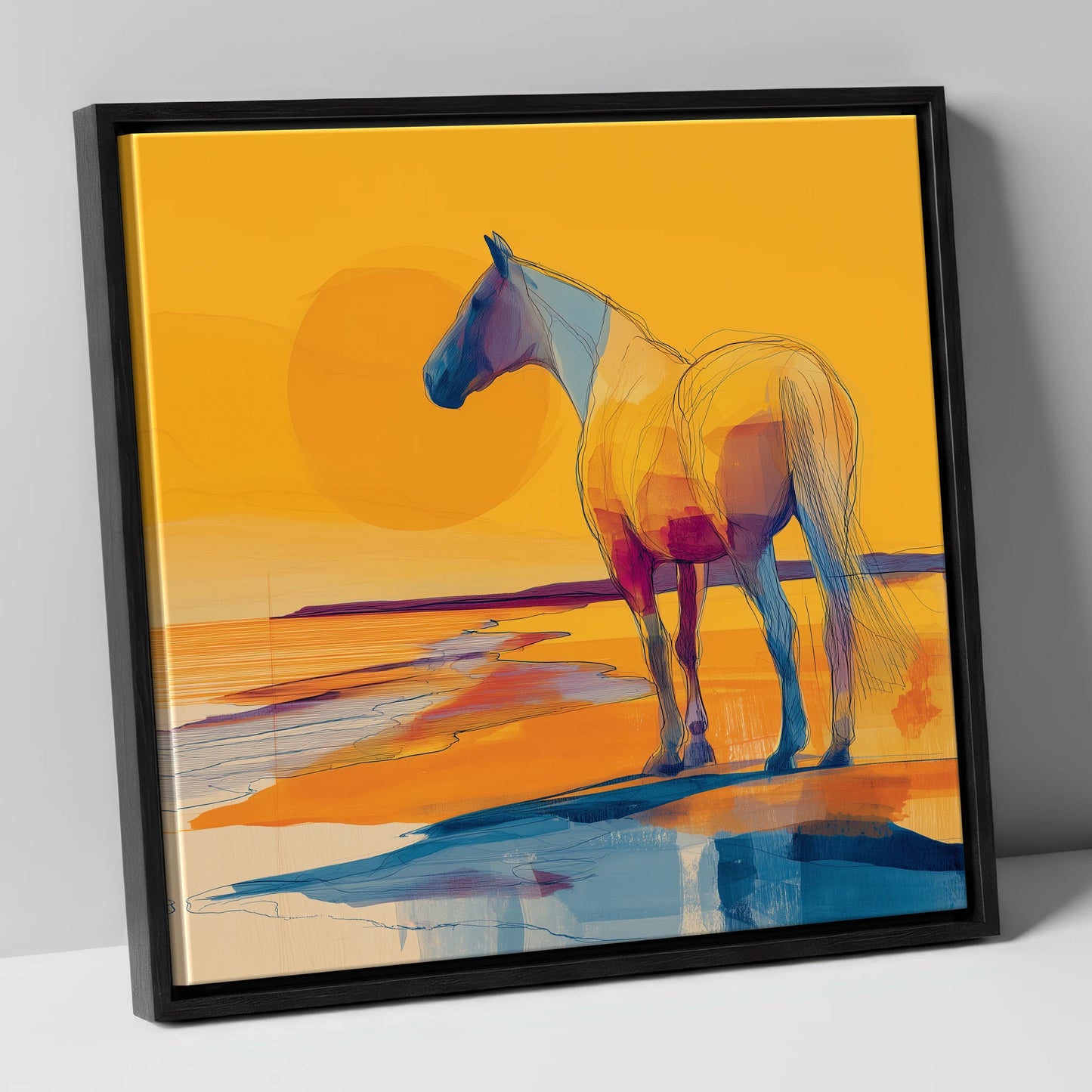 Golden Shoreline Silhouette horse landscape canvas wall art in black frame
