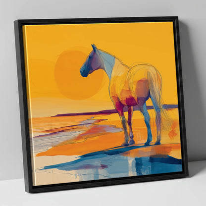 Golden Shoreline Silhouette horse landscape canvas wall art in black frame