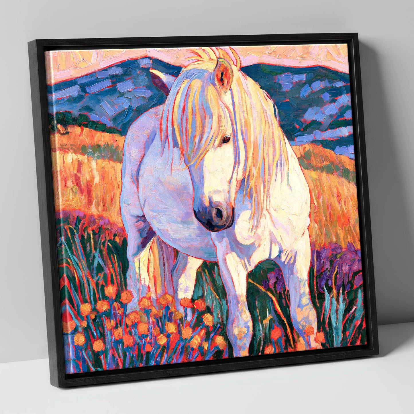 White Horse Among Orange Wildflowers horse breed canvas wall art in black frame