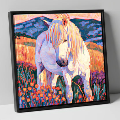 White Horse Among Orange Wildflowers horse breed canvas wall art in black frame