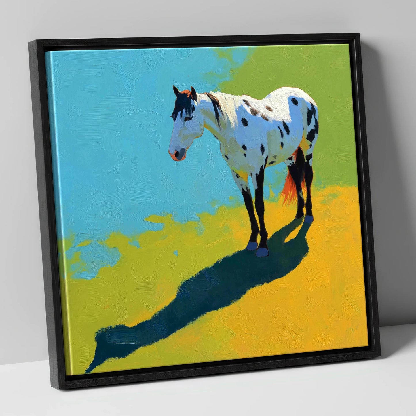 Sunlit Appaloosa Shadow horse breed canvas wall art in black frame