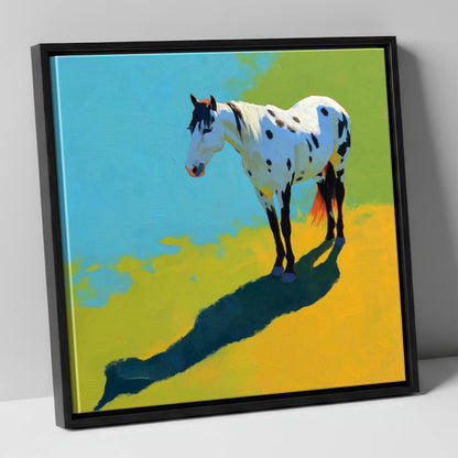Sunlit Appaloosa Shadow horse breed canvas wall art in black frame
