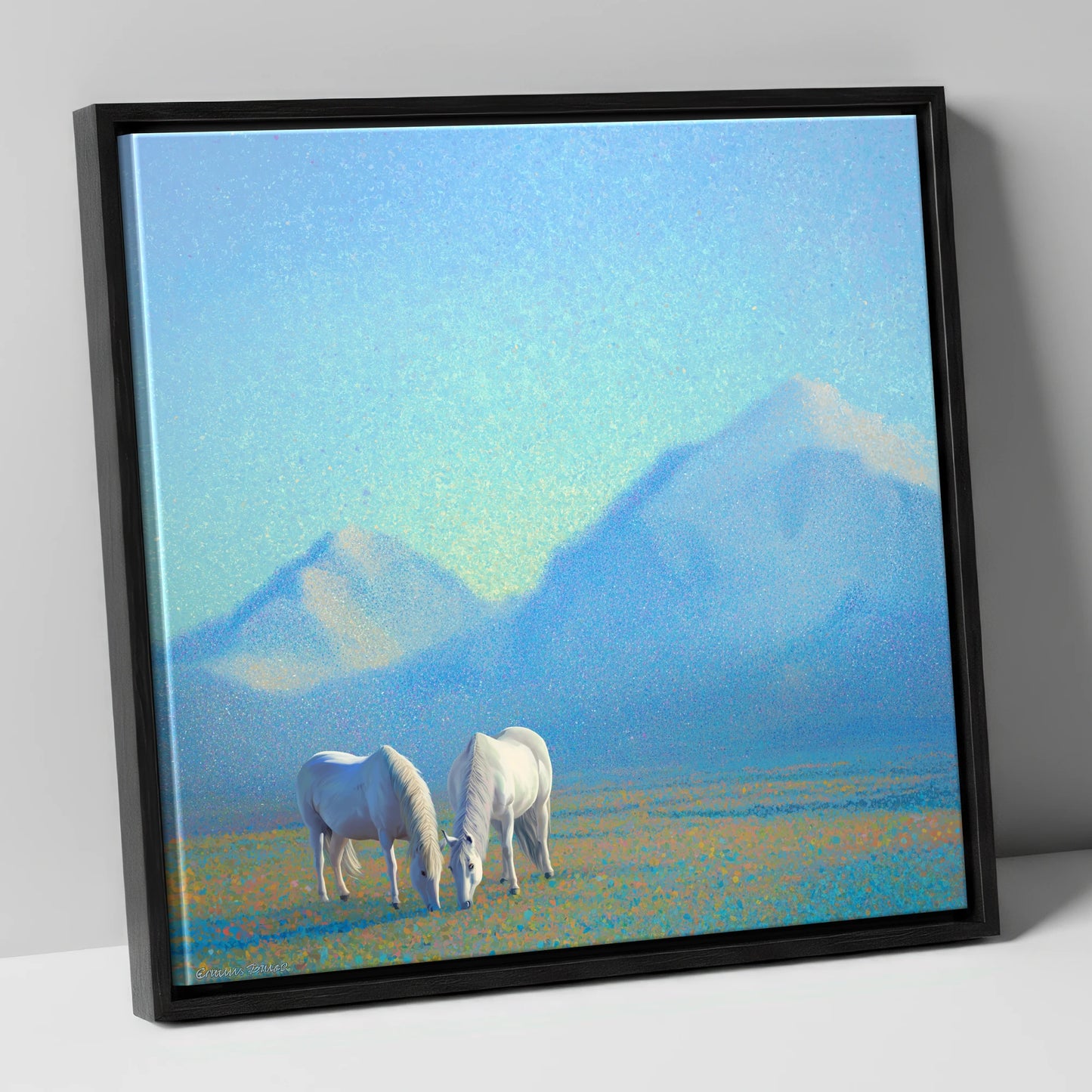 Luminous Mountain Pasture horse landscape canvas wall art in black frame