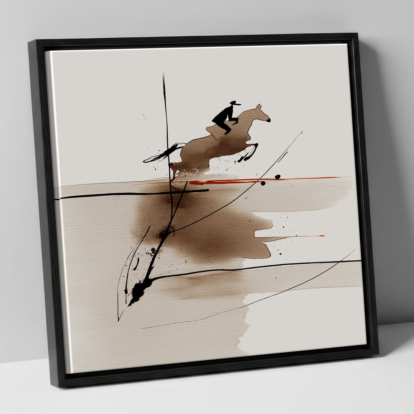 Sepia Suspension show jumping horse canvas wall art in black frame