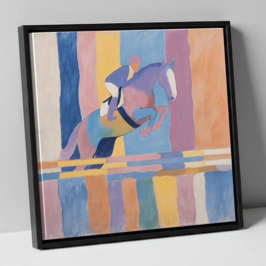 Pastel Flight show jumping horse canvas wall art in black frame