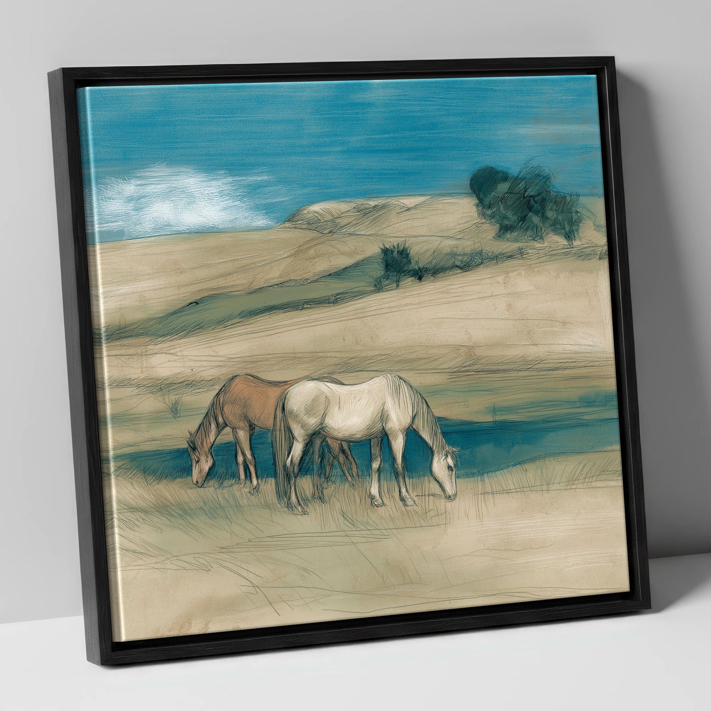 Grazing Beneath Teal Skies horse landscape canvas wall art in black frame