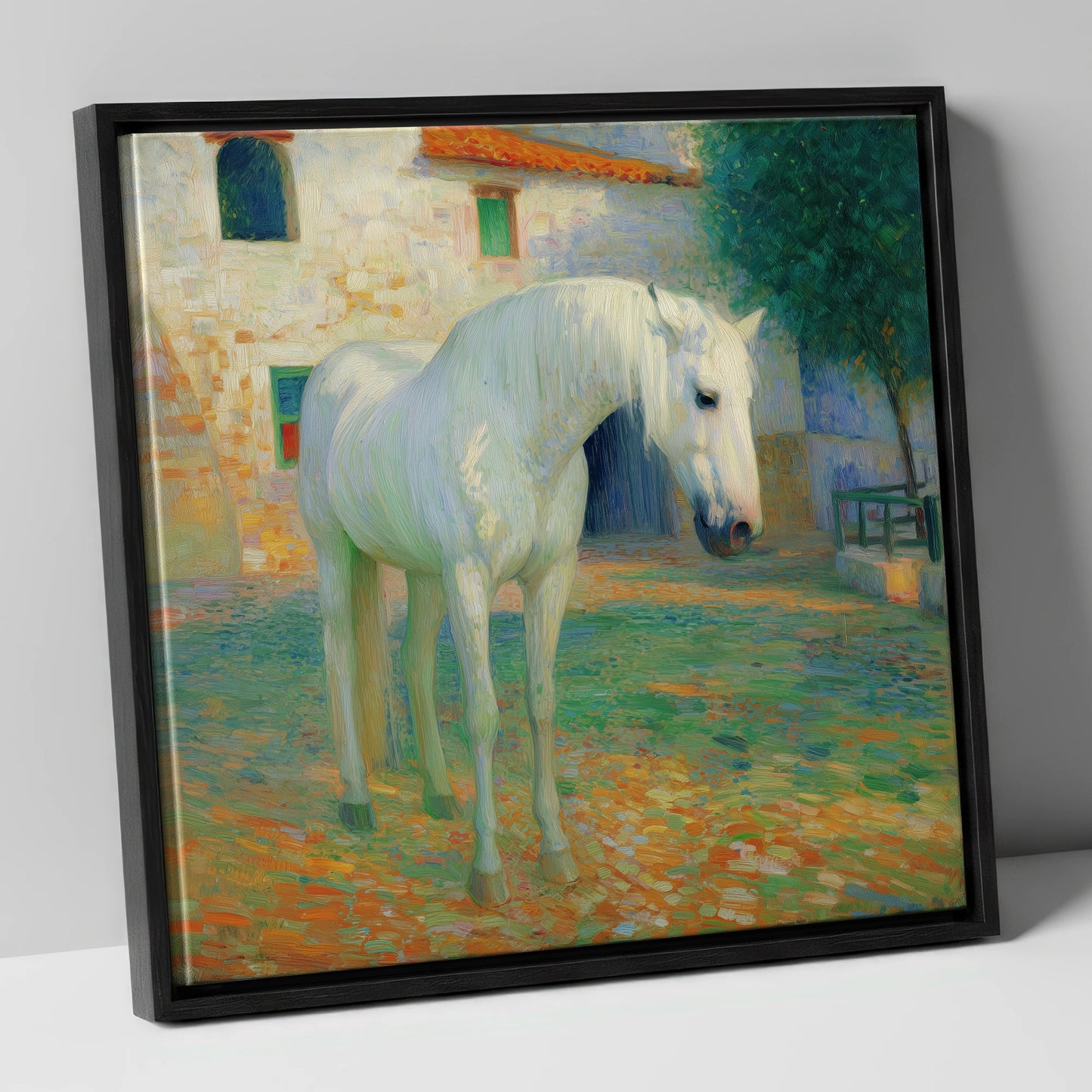 Sunlit Courtyard Grey horse breed canvas wall art in black frame