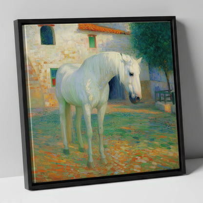 Sunlit Courtyard Grey horse breed canvas wall art in black frame