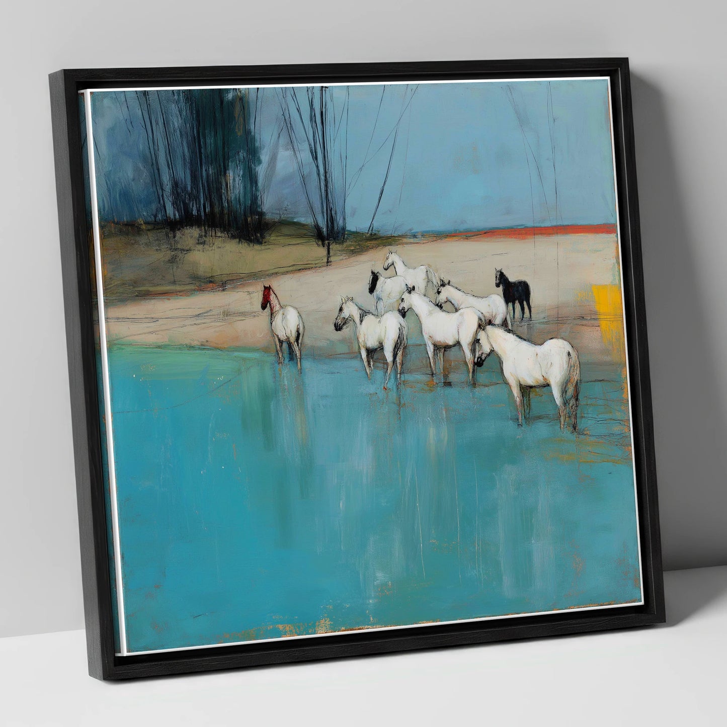Wading in Teal Shallows wild horses canvas wall art in black frame