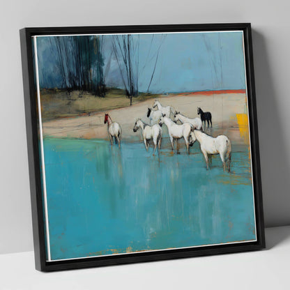 Wading in Teal Shallows wild horses canvas wall art in black frame