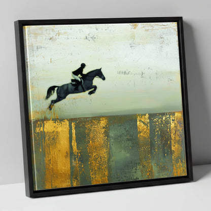 Flight Over Gold show jumping horse canvas wall art in black frame