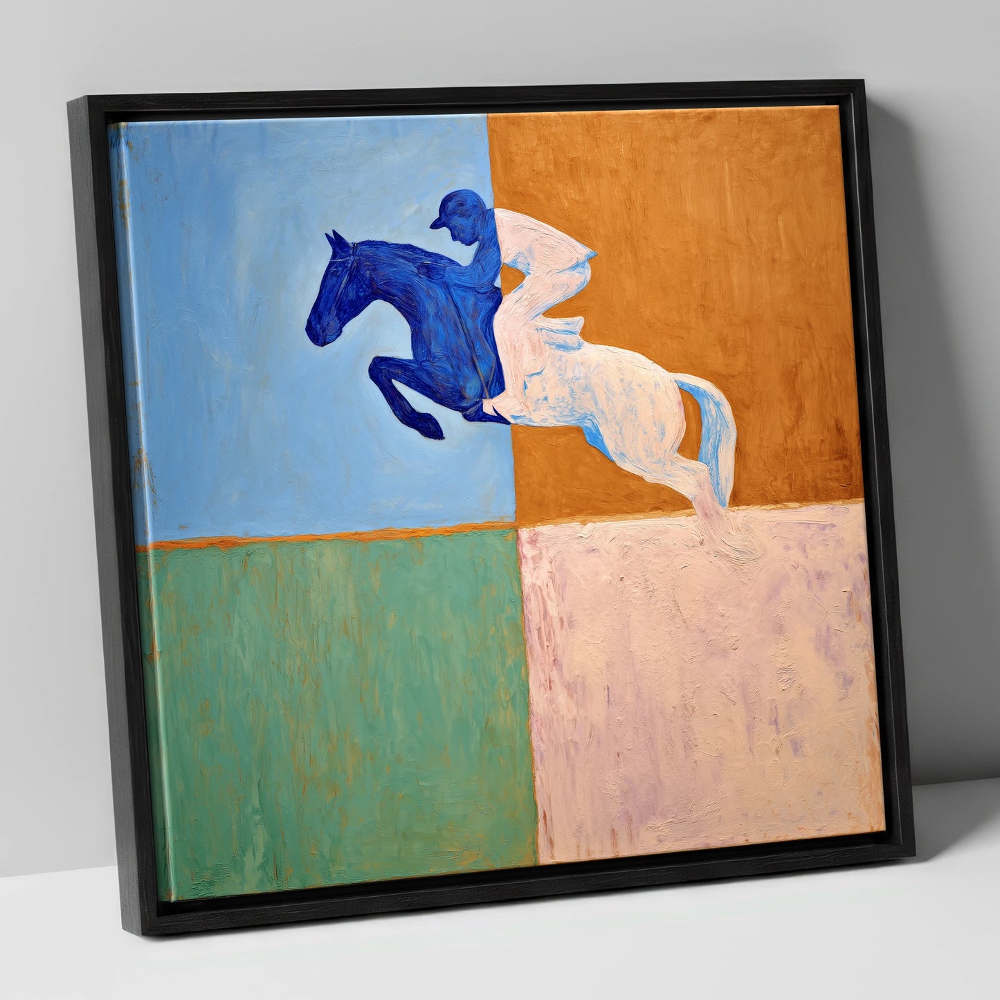 Abstract Cobalt Leap show jumping horse canvas wall art in black frame
