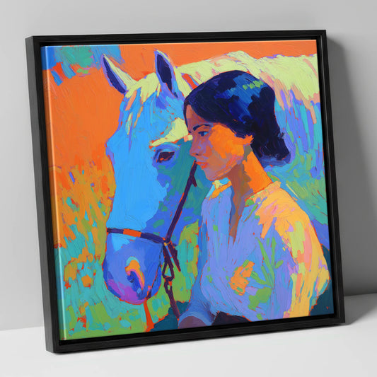 Vibrant Connection horse & rider canvas wall art in black frame