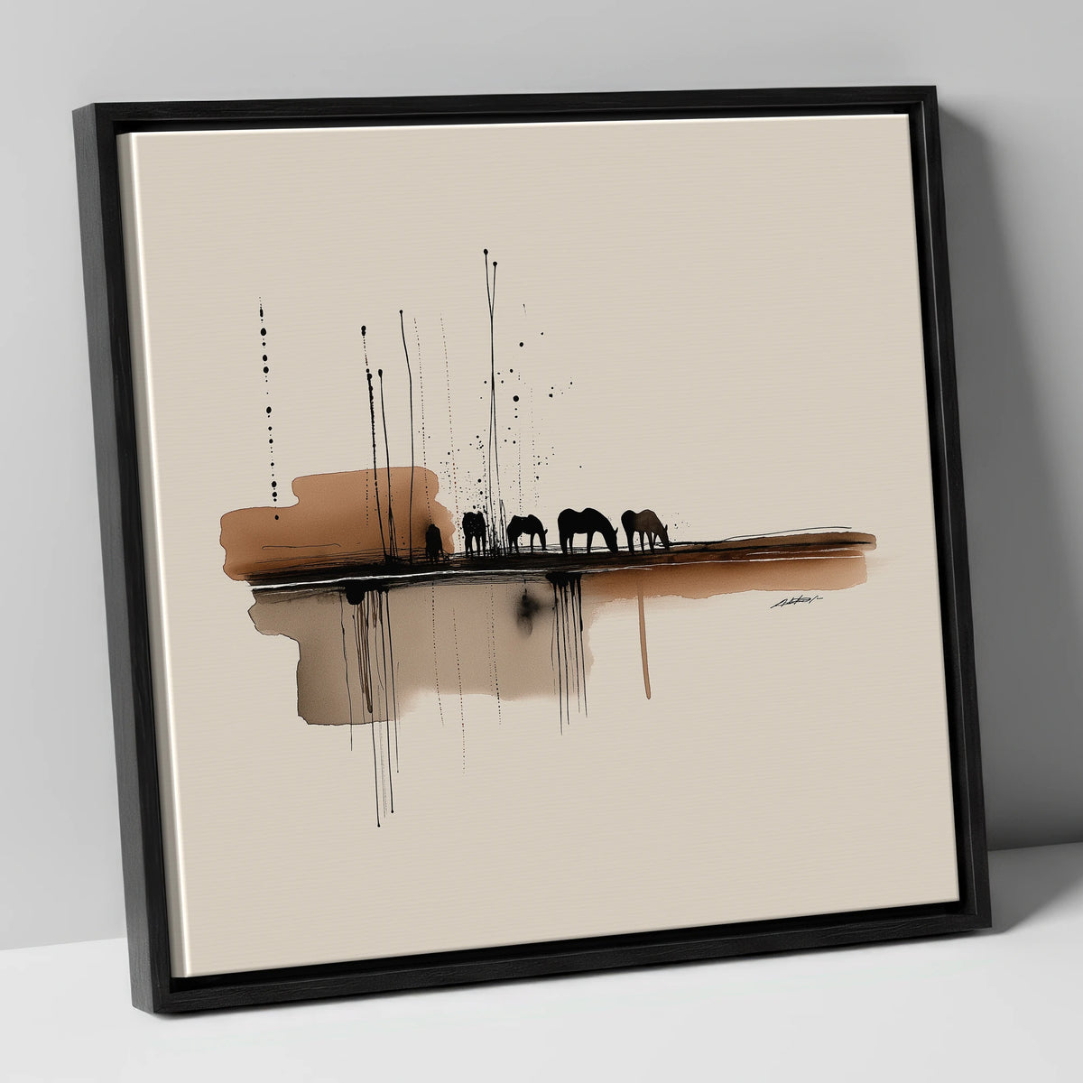 Grazing Horses in Sepia Wash horse landscape canvas wall art in black frame