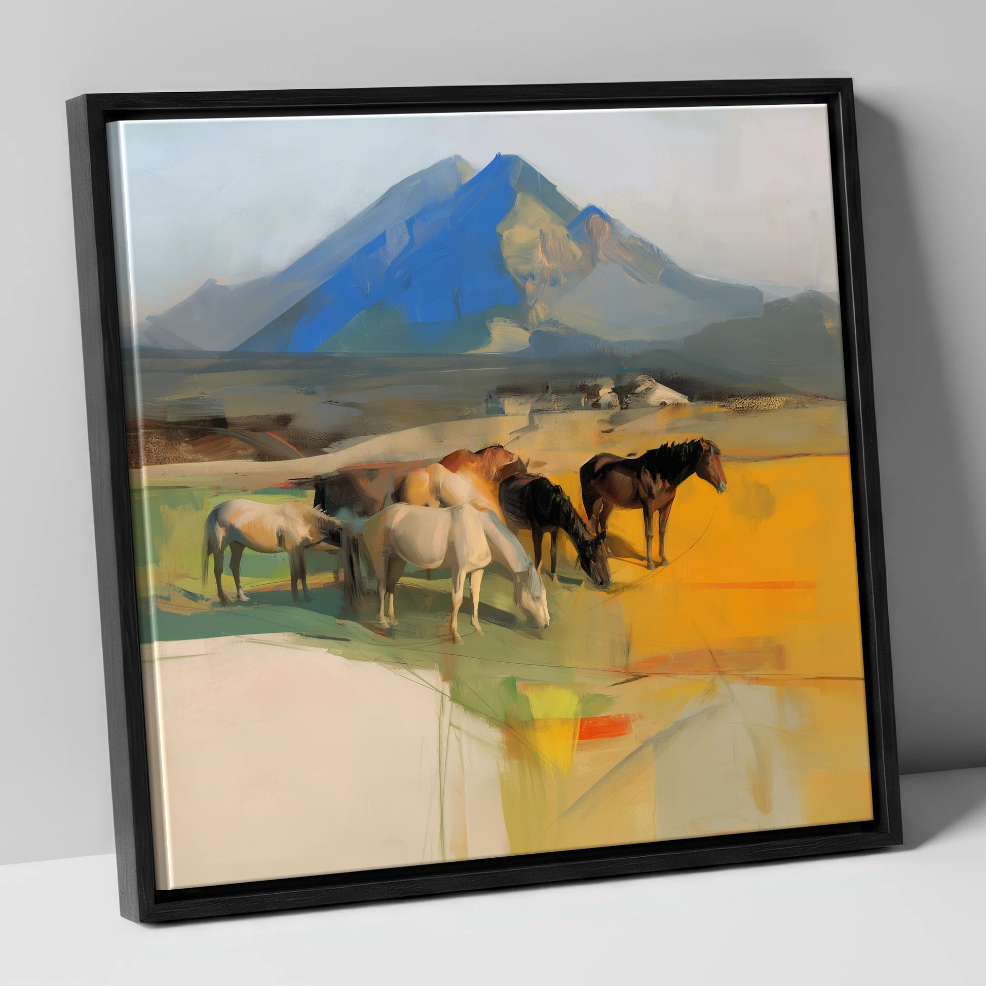 Grazing Beneath Cerulean Peaks horse landscape canvas wall art in black frame