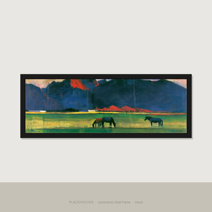 Vibrant Mountain Pasture Horse Landscape panoramic canvas wall art in black float frame