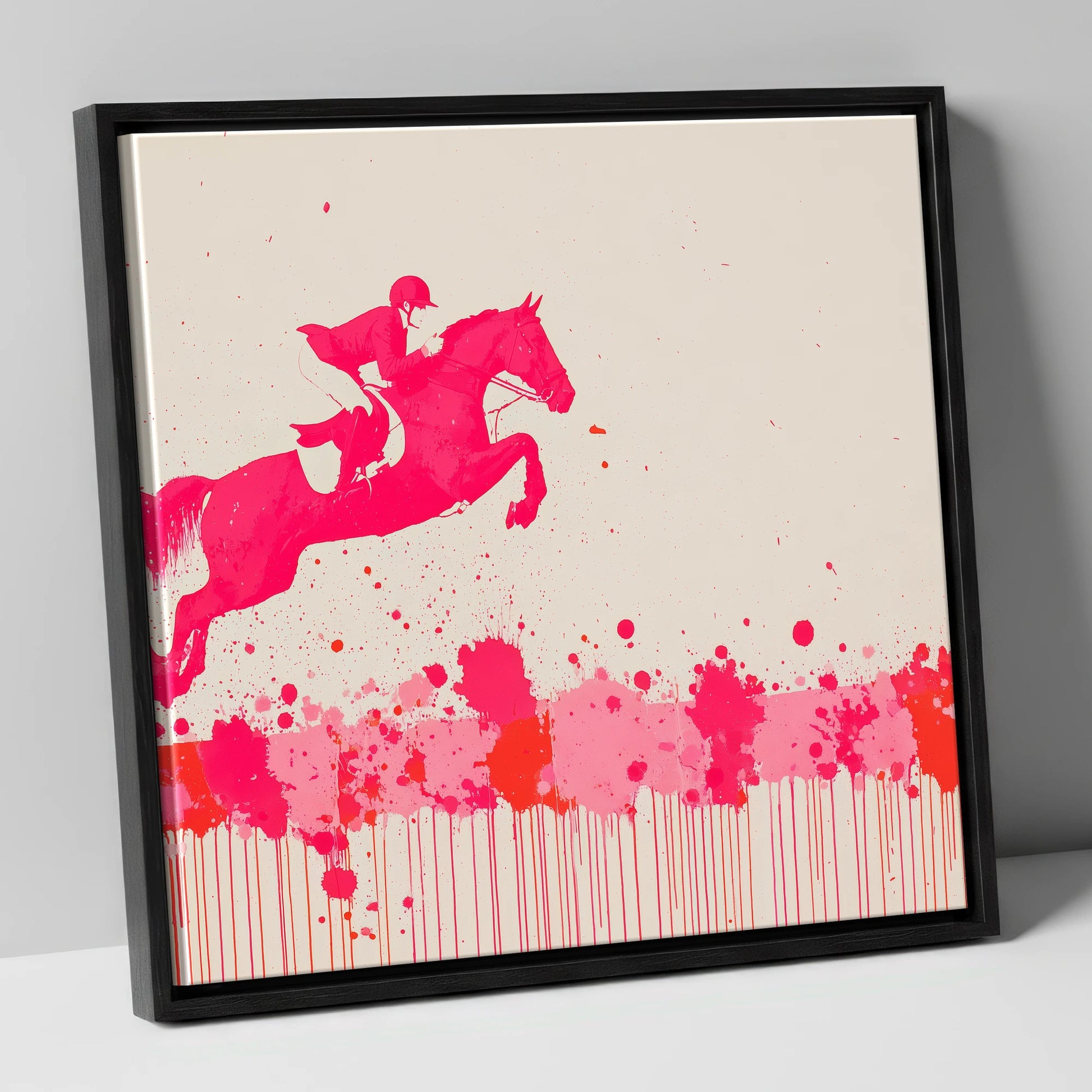 Magenta Flight show jumping horse canvas wall art in black frame