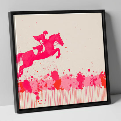 Magenta Flight show jumping horse canvas wall art in black frame