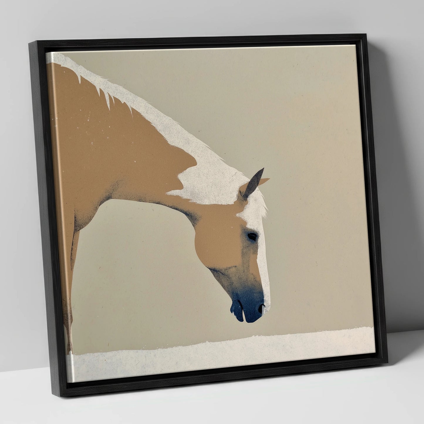 Serenity in Tan and Cream horse portrait canvas wall art in black frame