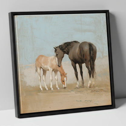 The Quiet Bond mare & foal canvas wall art in black frame