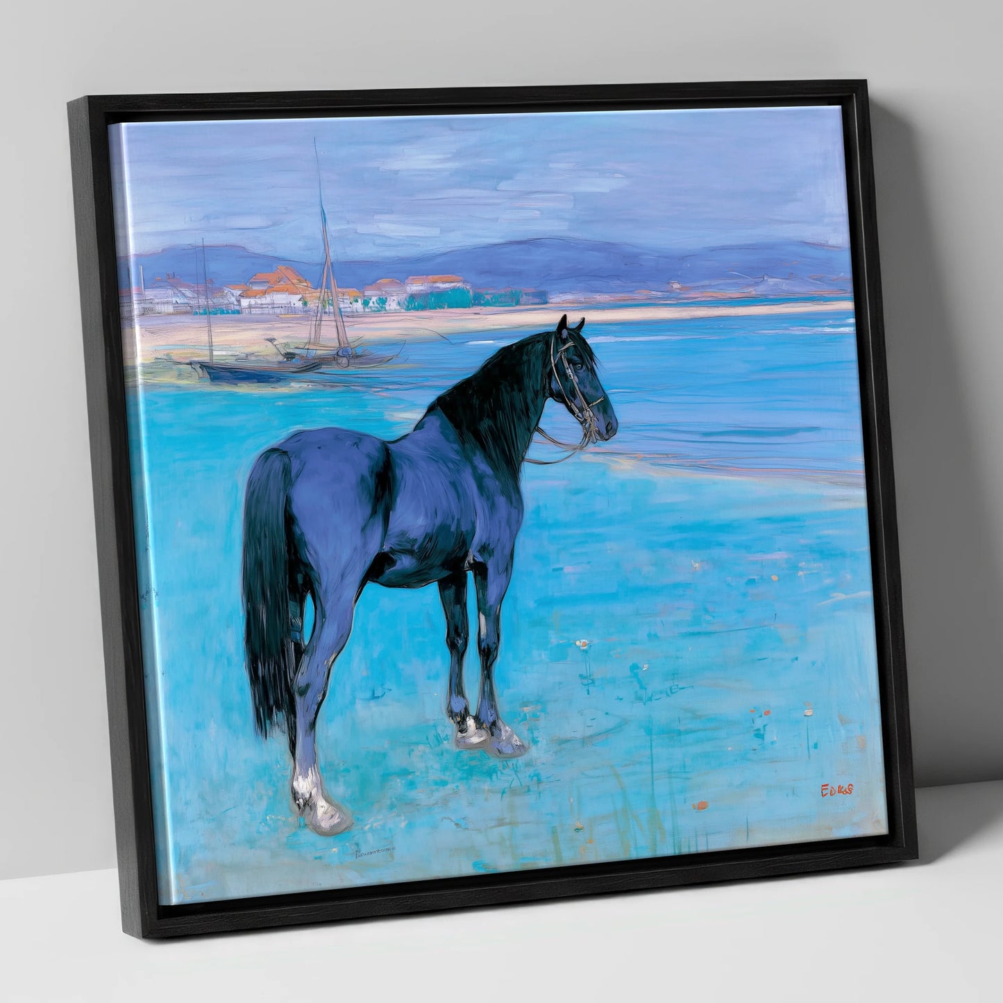 Azure Coast Equine horse landscape canvas wall art in black frame