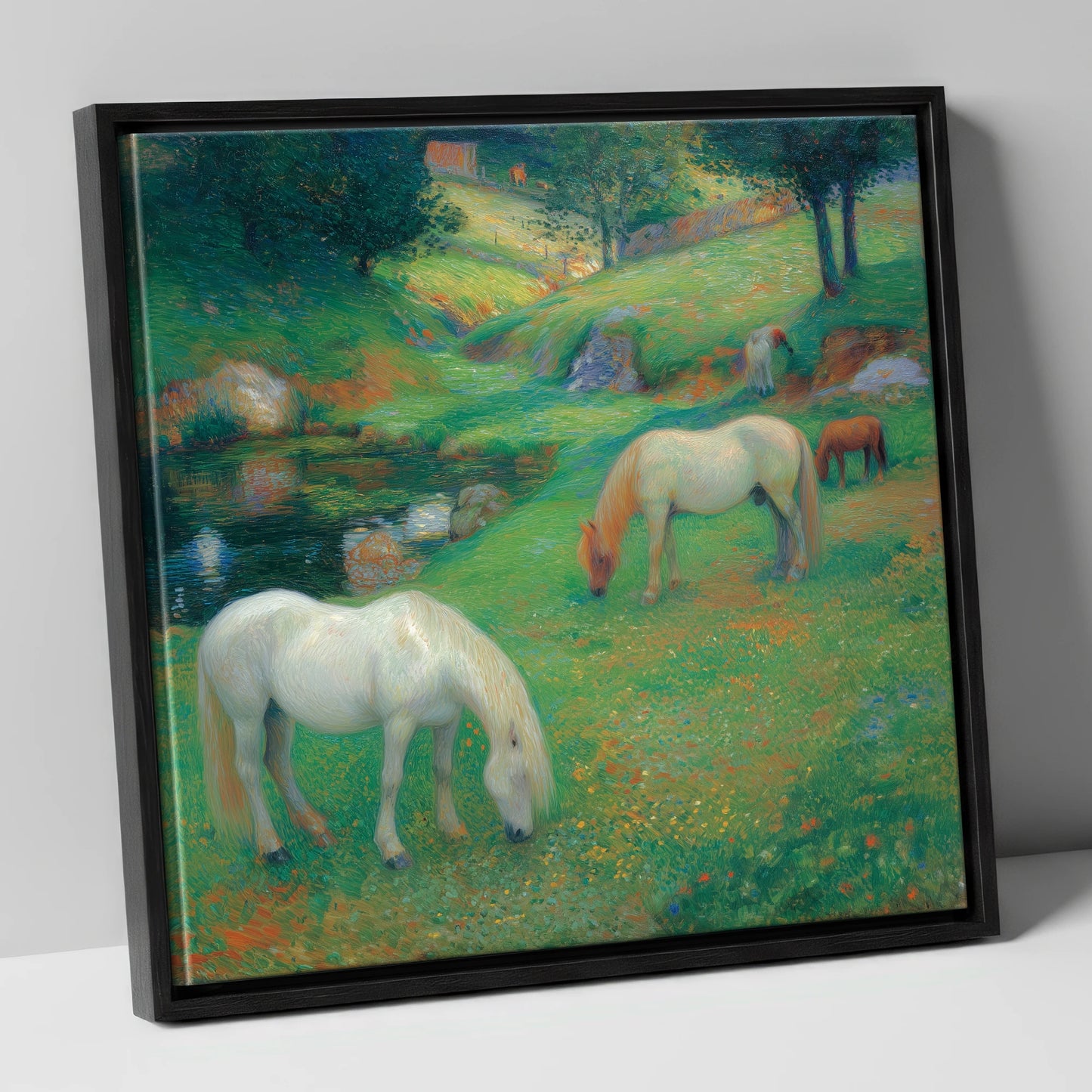 Emerald Valley Pasture horse landscape canvas wall art in black frame