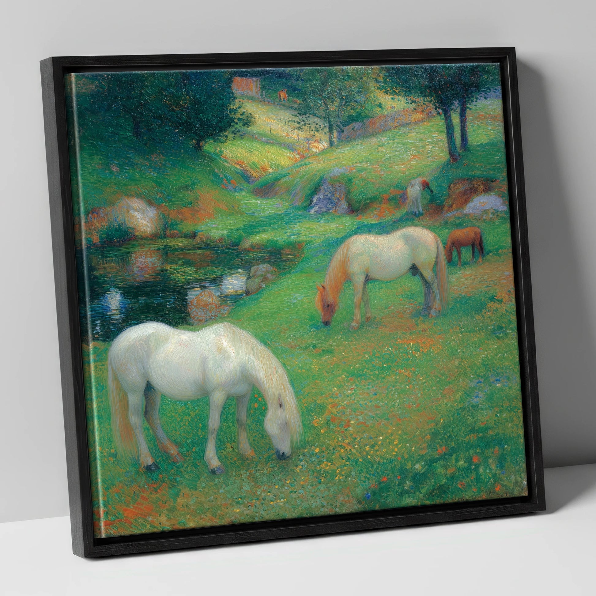 Emerald Valley Pasture horse landscape canvas wall art in black frame