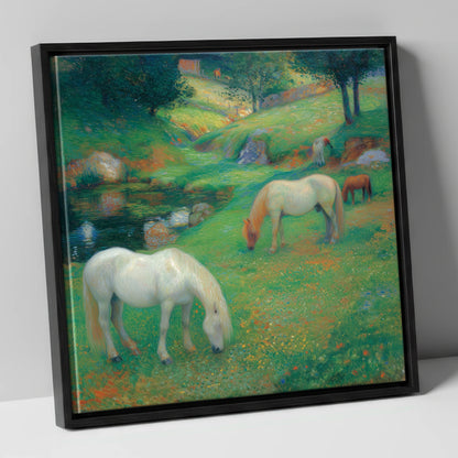Emerald Valley Pasture horse landscape canvas wall art in black frame