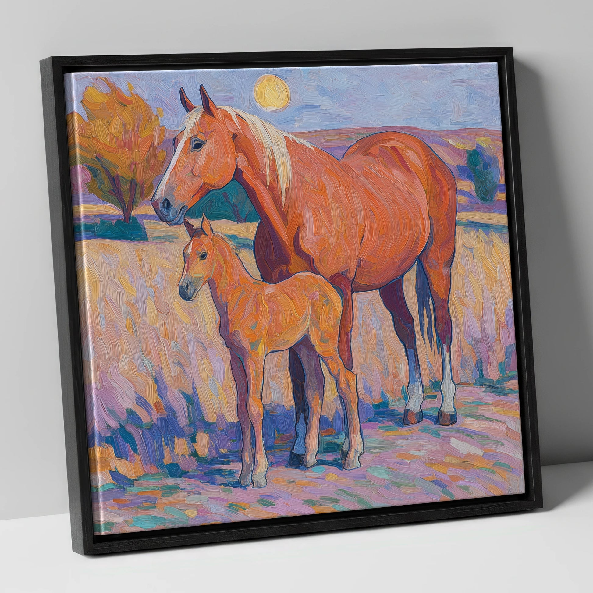 Radiant Chestnut Bond mare & foal canvas wall art in black frame