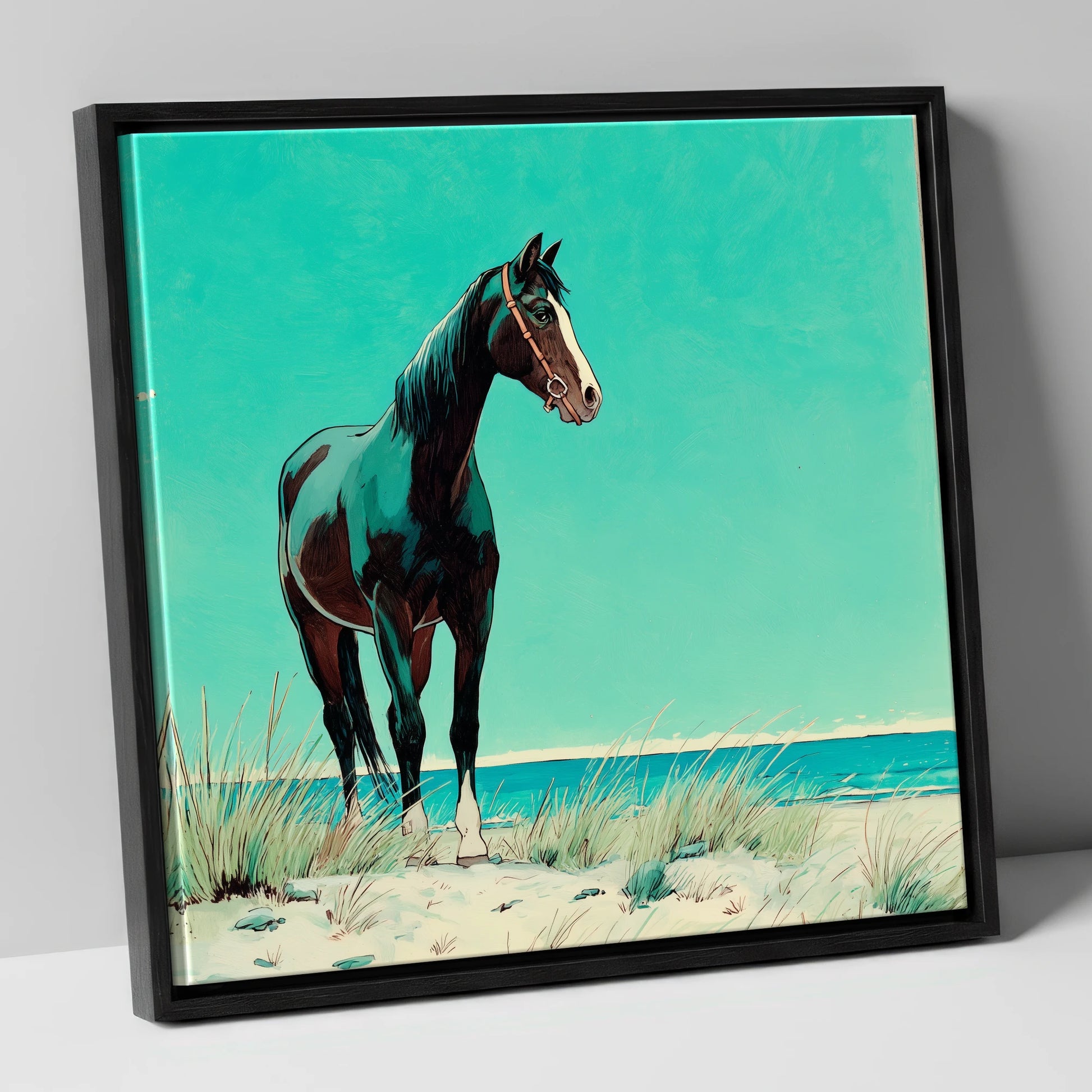 Teal Coastal Vigil horse landscape canvas wall art in black frame