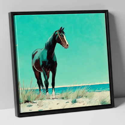 Teal Coastal Vigil horse landscape canvas wall art in black frame