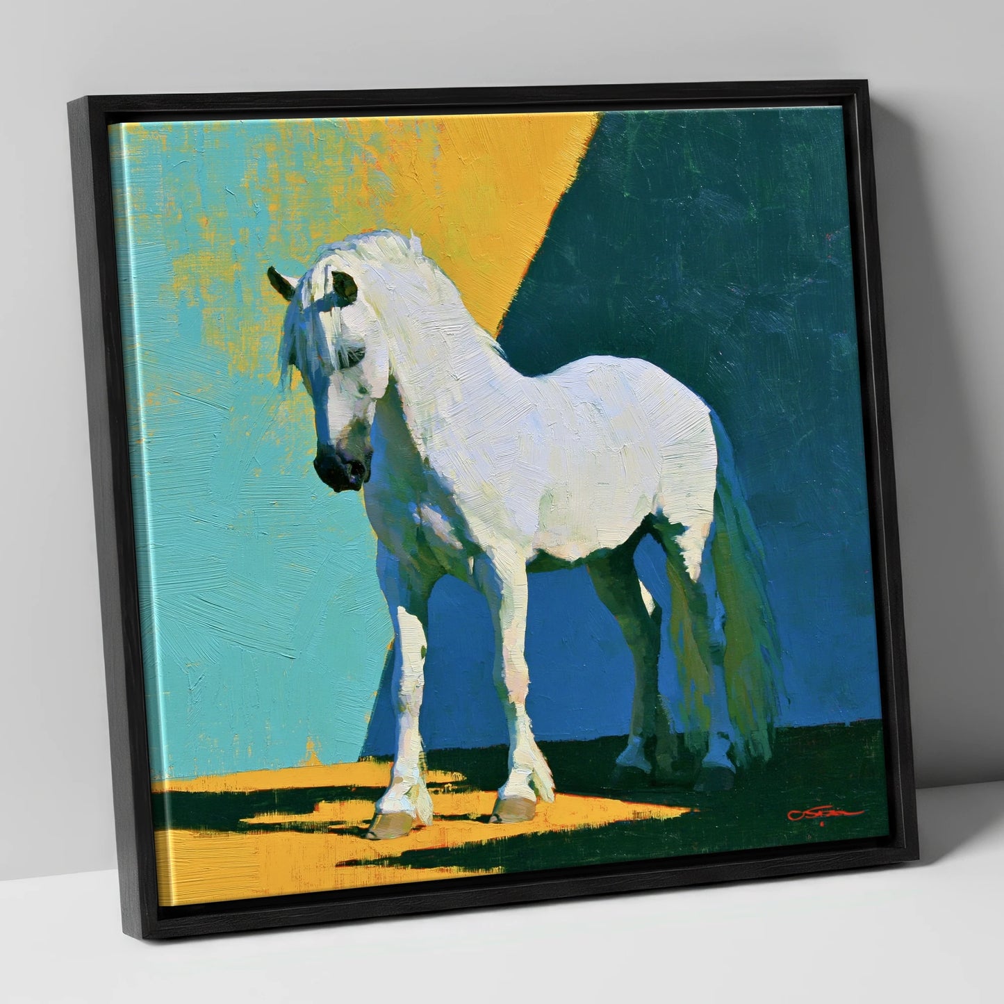 Grey Horse in Vivid Sunlight horse breed canvas wall art in black frame
