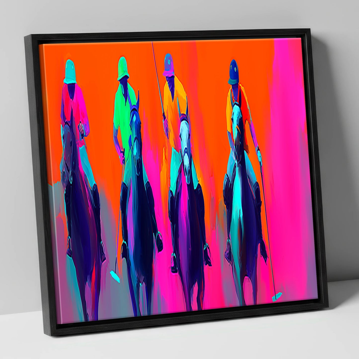 Neon Polo Charge polo horse canvas wall art in black frame