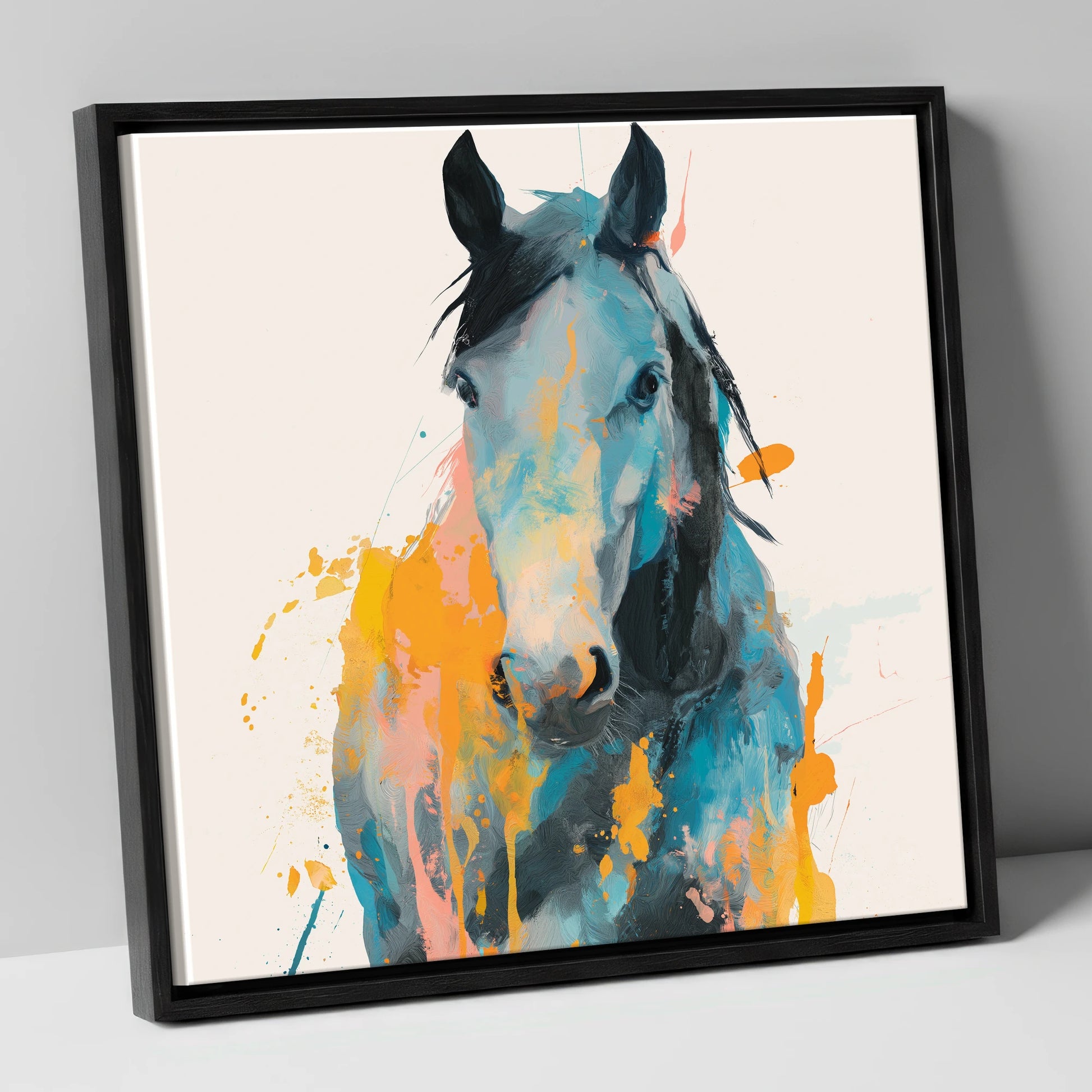Teal and Amber Gaze horse portrait canvas wall art in black frame