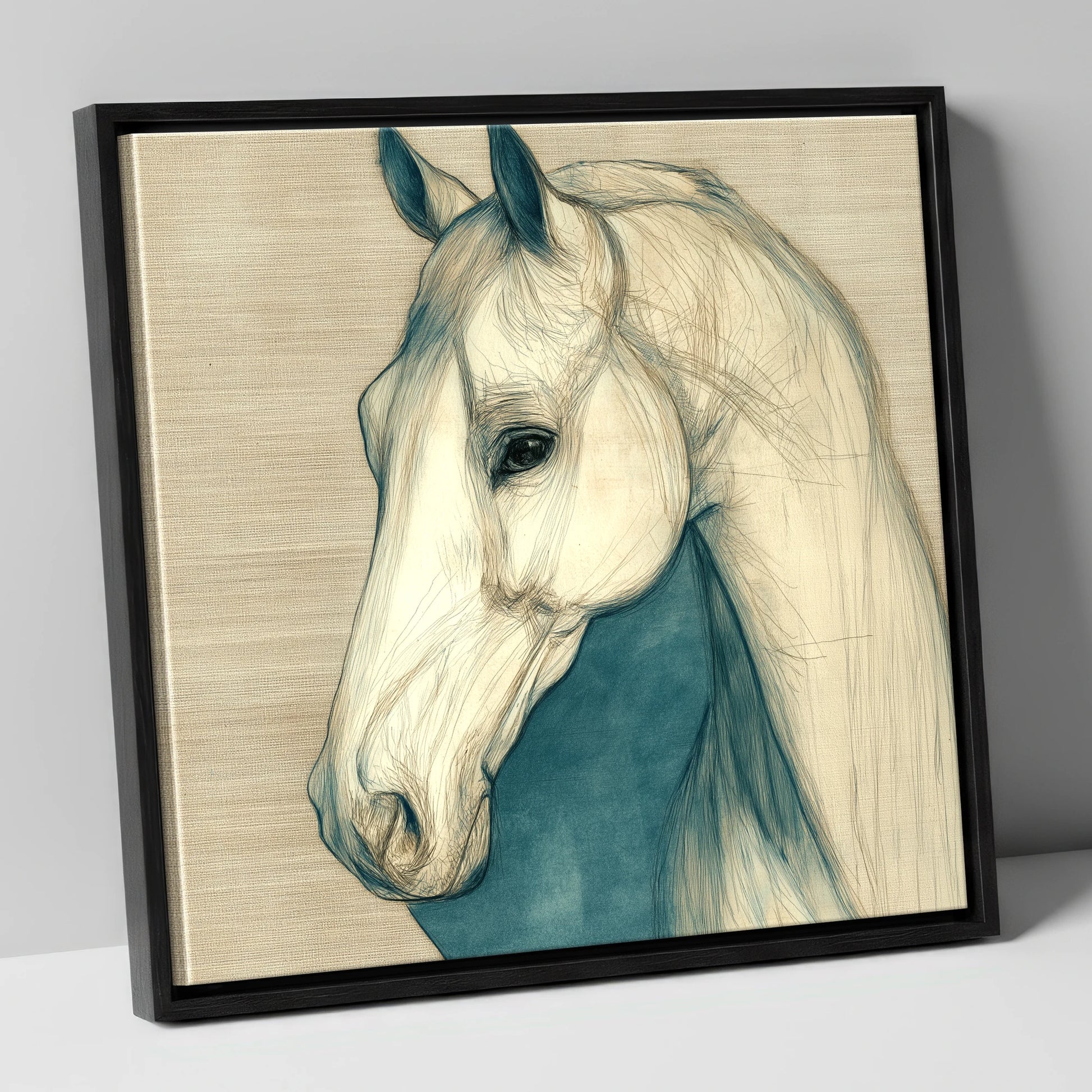 Serene Profile Sketch horse portrait canvas wall art in black frame