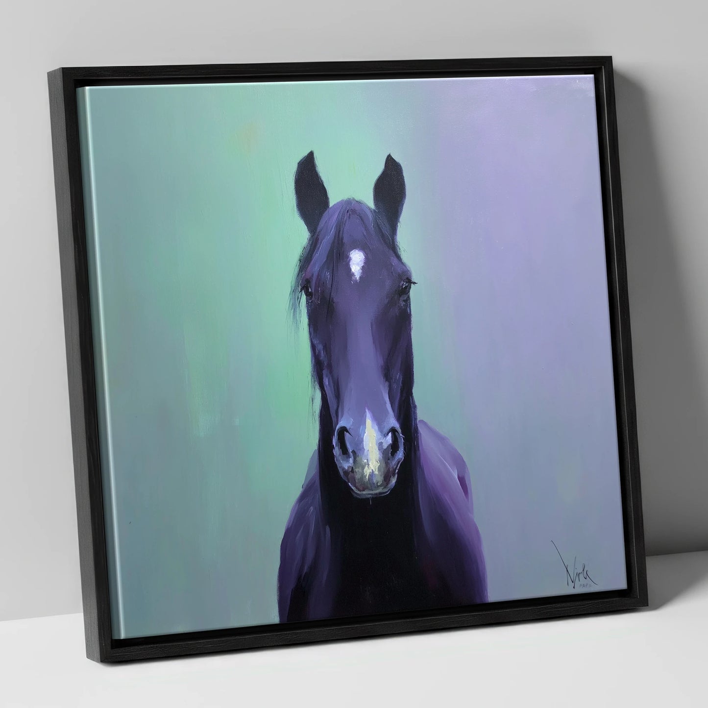 The Violet Gaze horse portrait canvas wall art in black frame