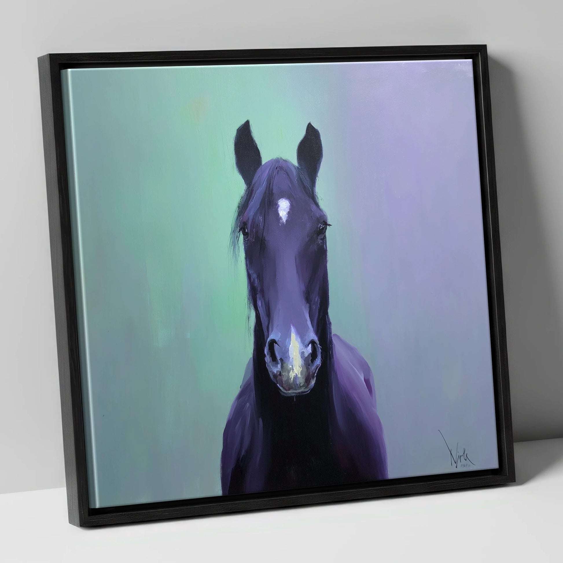 The Violet Gaze horse portrait canvas wall art in black frame