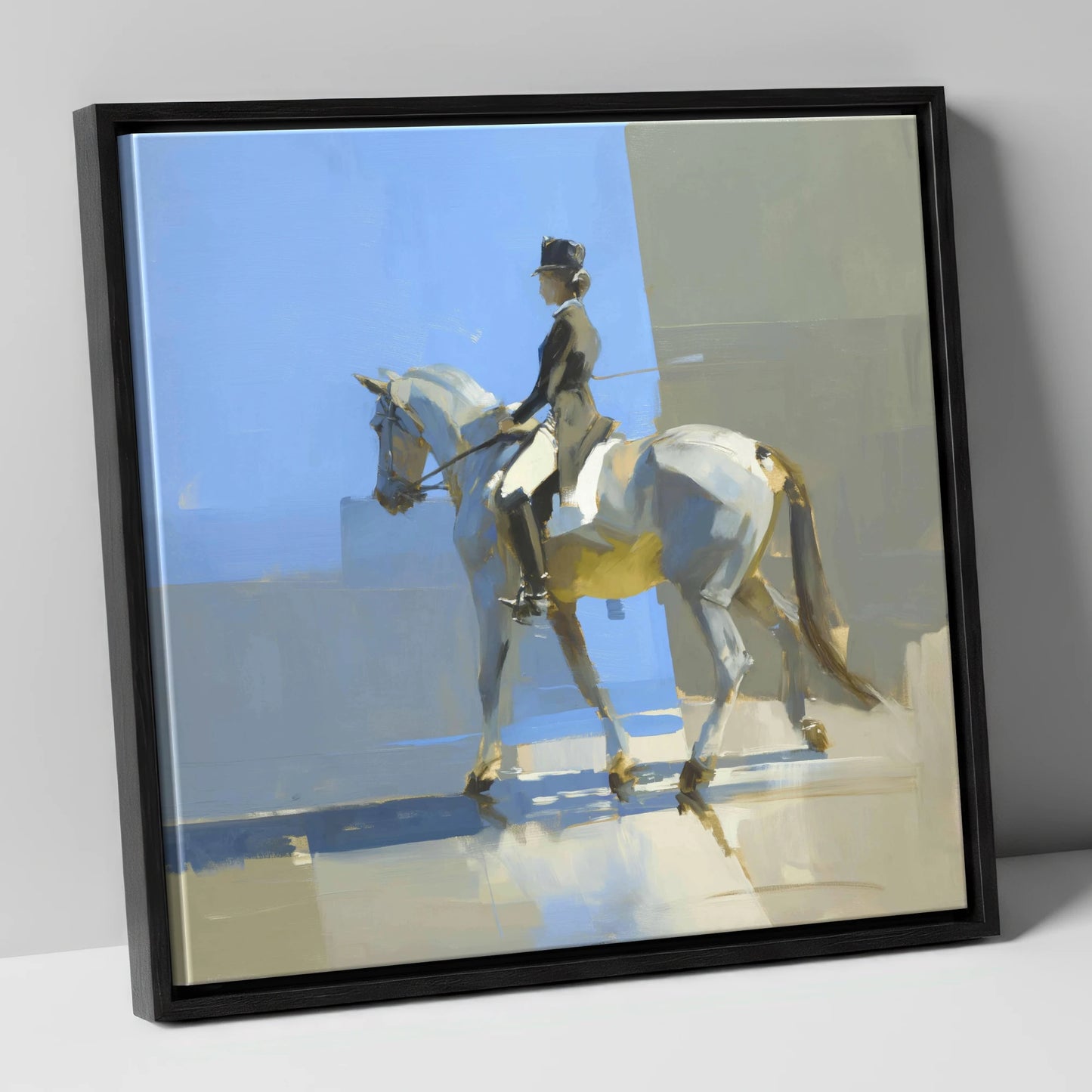 Collected in the Light dressage horse canvas wall art in black frame