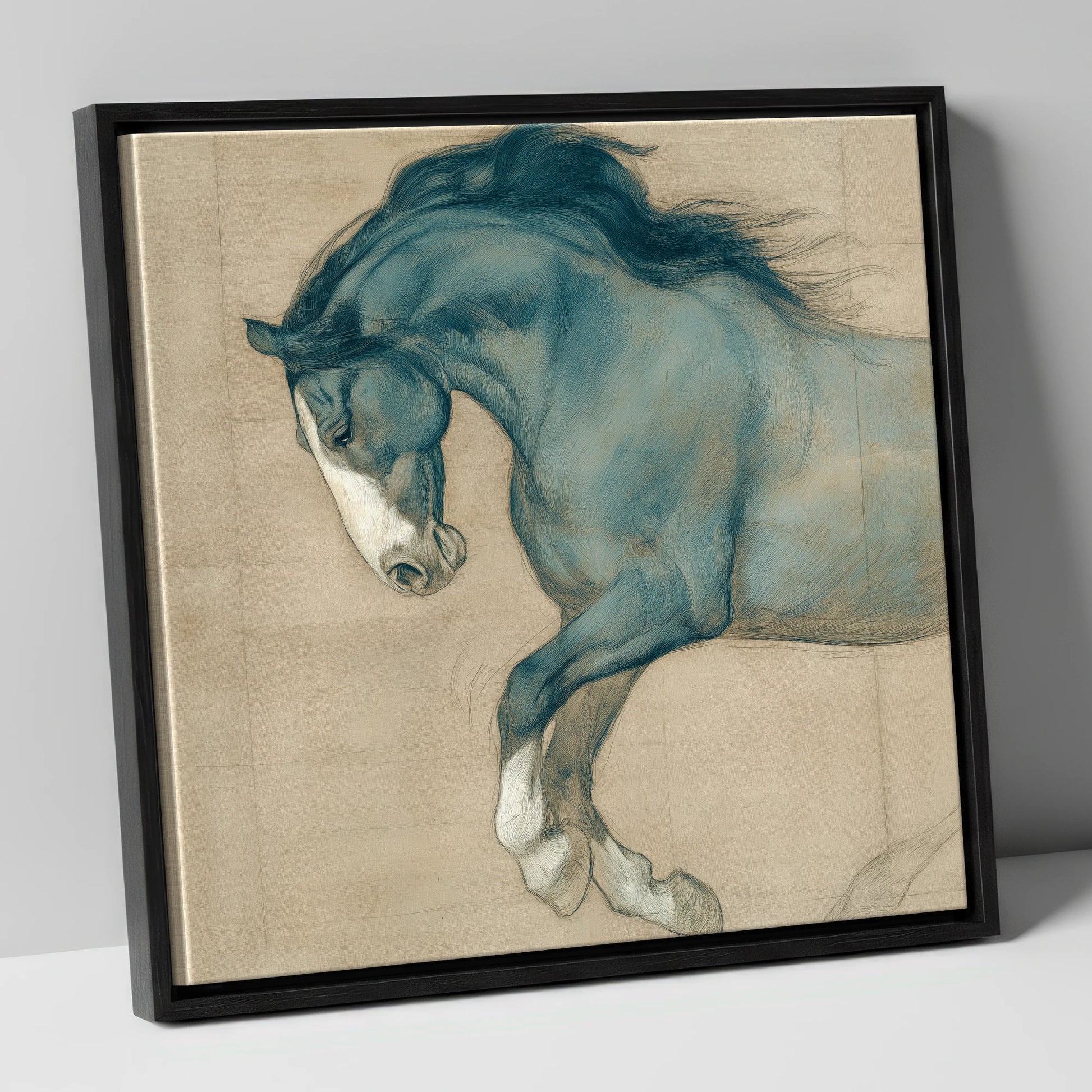 Study in Teal horse portrait canvas wall art in black frame