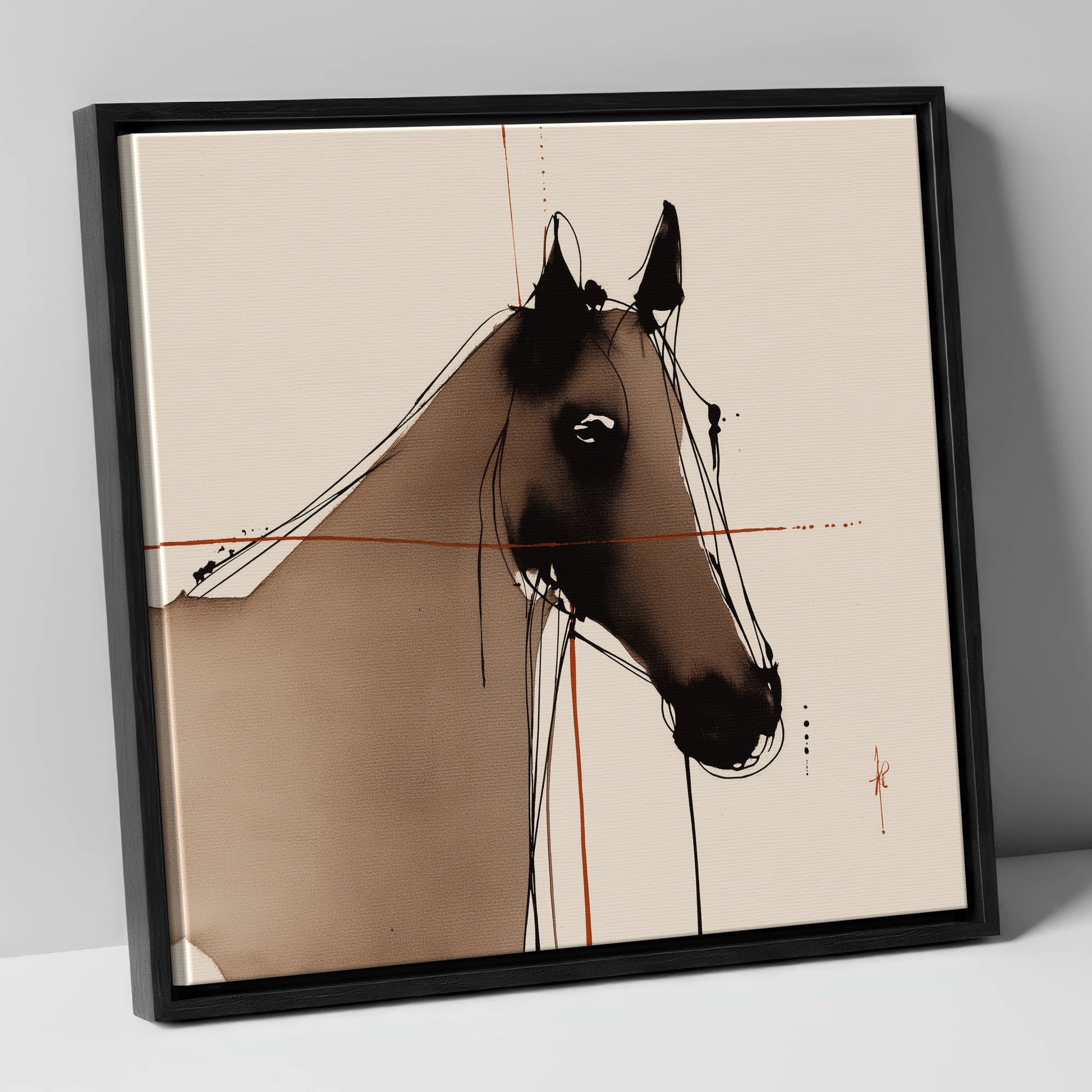 Sepia Equine Silhouette horse portrait canvas wall art in black frame