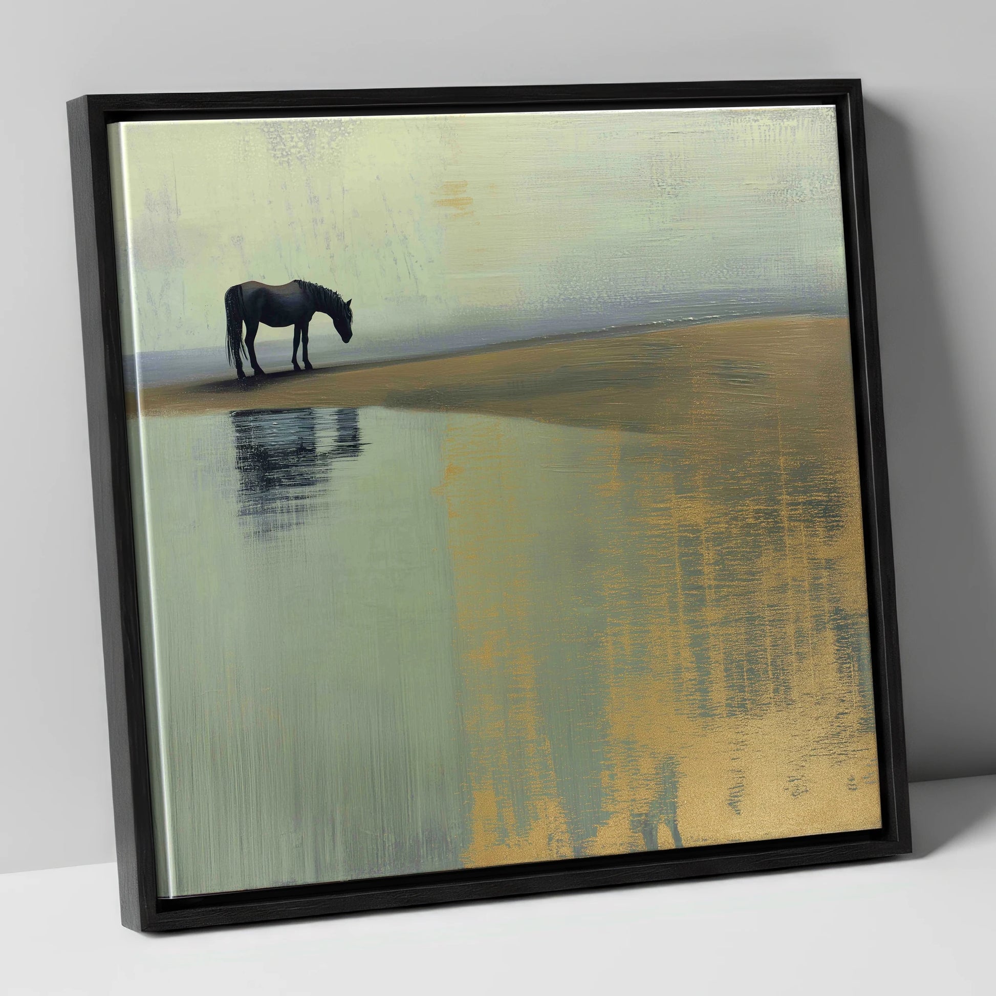 The Gilded Estuary horse landscape canvas wall art in black frame