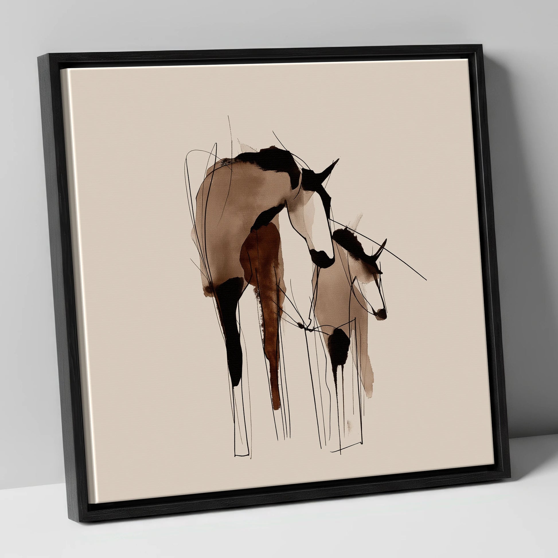 Tender Connection mare & foal canvas wall art in black frame