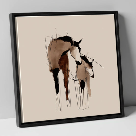 Sepia and Black Mare and Foal mare & foal canvas wall art in black frame