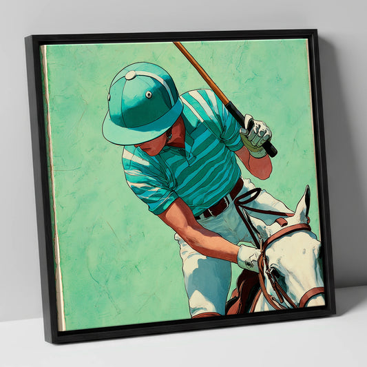 The Striker's Focus polo horse canvas wall art in black frame