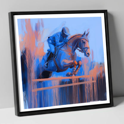 Momentum in Blue and Peach show jumping horse canvas wall art in black frame