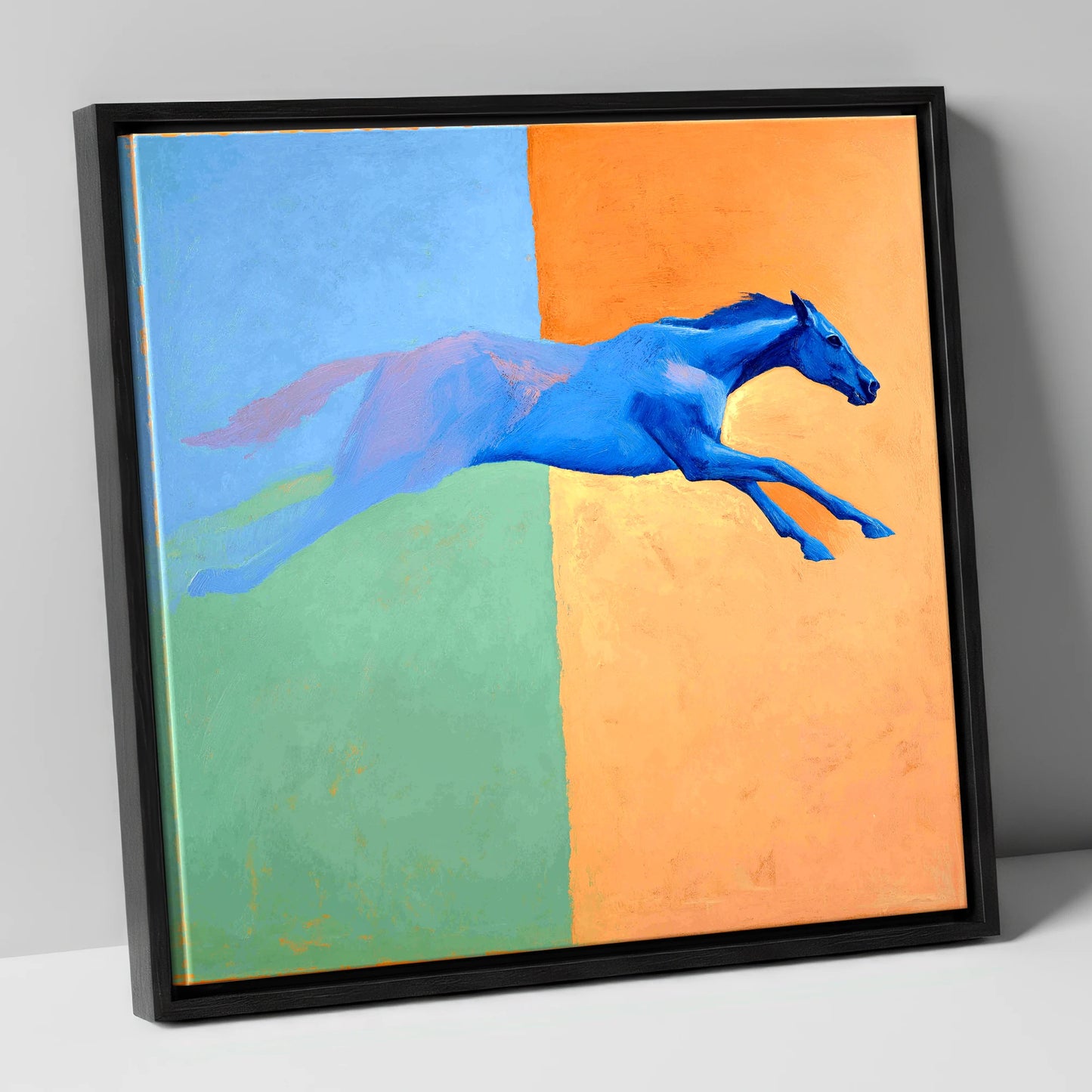 Cobalt Stretch racing horse canvas wall art in black frame